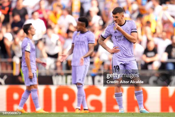 Dani Ceballos of Real Madrid looks dejected after Diego Lopez of Valencia CF scores the team's first goal during the LaLiga Santander match between...