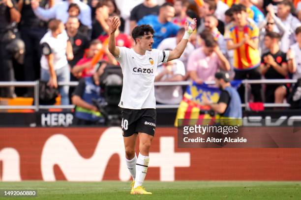 Diego Lopez of Valencia CF celebrates after scoring the team's first goal during the LaLiga Santander match between Valencia CF and Real Madrid CF at...