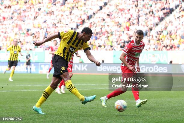 Sebastien Haller of Borussia Dortmund scores the team's first goal during the Bundesliga match between FC Augsburg and Borussia Dortmund at WWK-Arena...