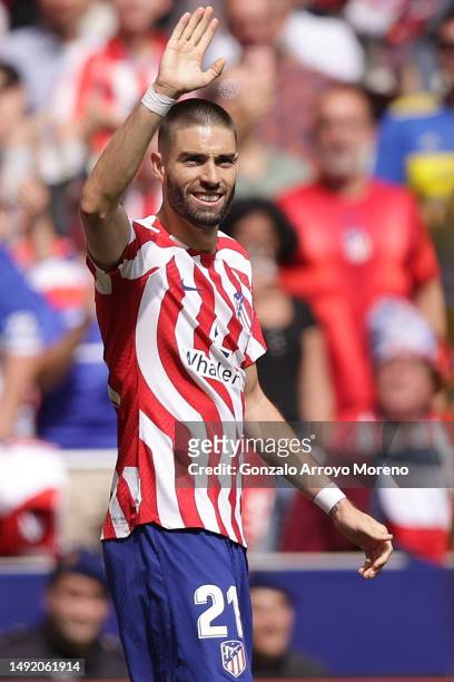 Yannick Carrasco of Atletico de Madrid celebrates scoring their opening goal during the LaLiga Santander match between Atletico de Madrid and CA...