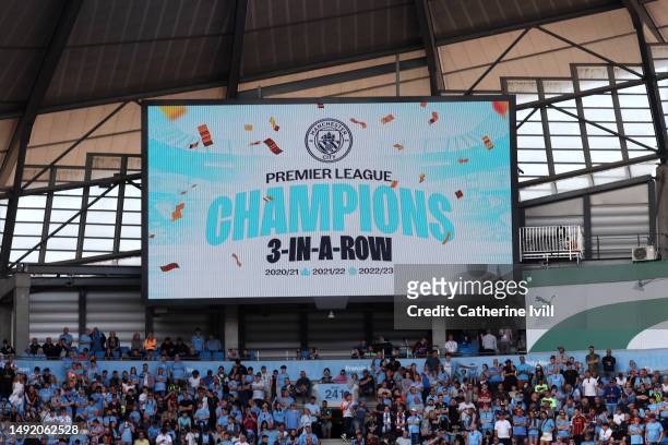 General view as the LED Screen displays the message "Premier League Champions 3-In-A-Row 2020/21, 2021/22, 2022/23" after the Premier League match...