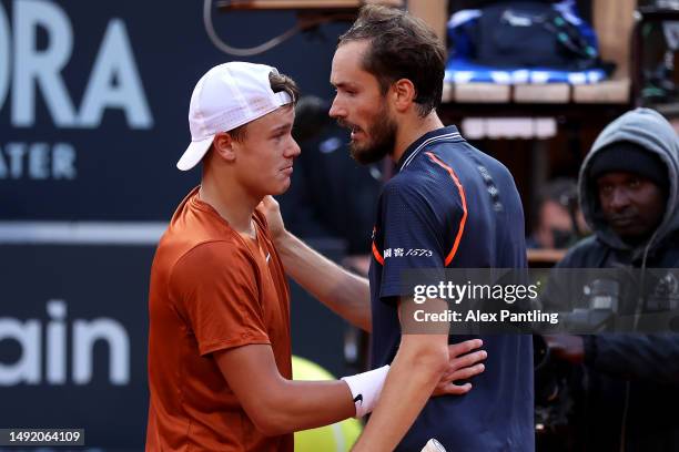 Daniil Medvedev acknowledges opponent Holger Rune of Denmark following the Men's Single's Final match on Day Fourteen of the Internazionali BNL...