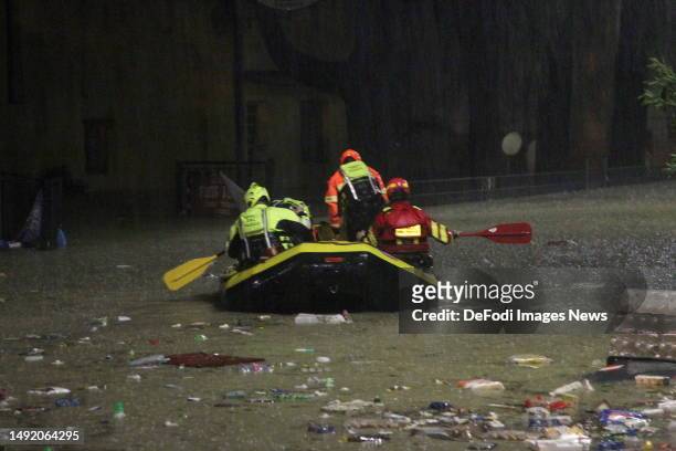 Rescuers in action on the Savio river during the Floods and high tides on May 16, 2023 in Cesena, Italy.
