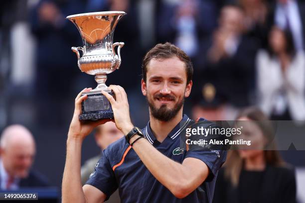 Daniil Medvedev celebrates with the Internazionali BNL D'Italia trophy following the Men's Single's Final match against Holger Rune of Denmark on Day...