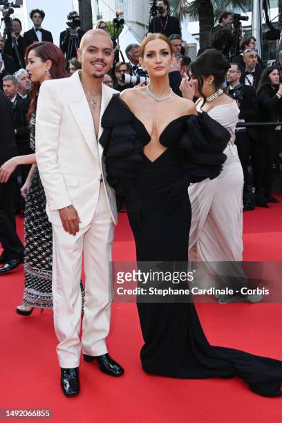Evan Ross and Ashlee Simpson attend the "Anatomie D'une Chute " red carpet during the 76th annual Cannes film festival at Palais des Festivals on May...