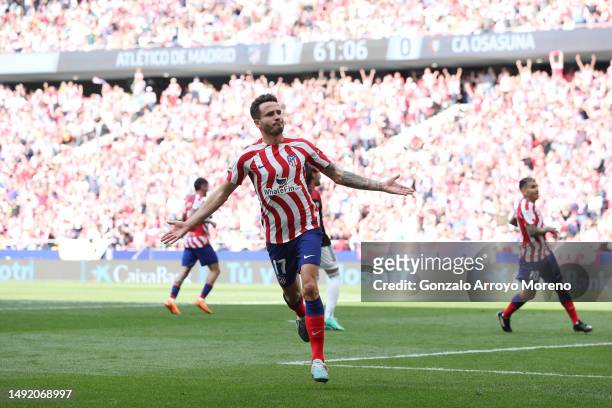 Saul Niguez of Atletico de Madrid celebrates scoring their second goal during the LaLiga Santander match between Atletico de Madrid and CA Osasuna at...