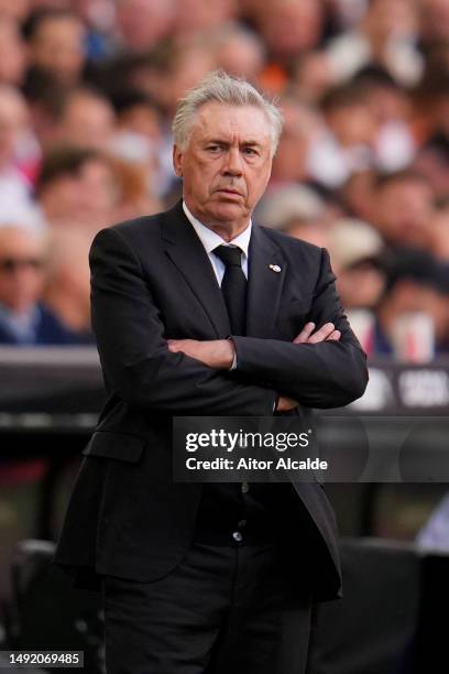 Carlo Ancelotti, Head Coach of Real Madrid, looks on during the LaLiga Santander match between Valencia CF and Real Madrid CF at Estadio Mestalla on...