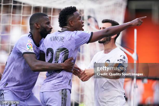 Vinicius Junior of Real Madrid reacts during the LaLiga Santander match between Valencia CF and Real Madrid CF at Estadio Mestalla on May 21, 2023 in...