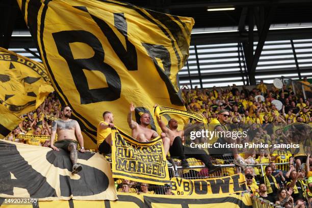 Fans of Borussia Dortmund during the Bundesliga match between FC Augsburg and Borussia Dortmund at WWK-Arena on May 21, 2023 in Augsburg, Germany.