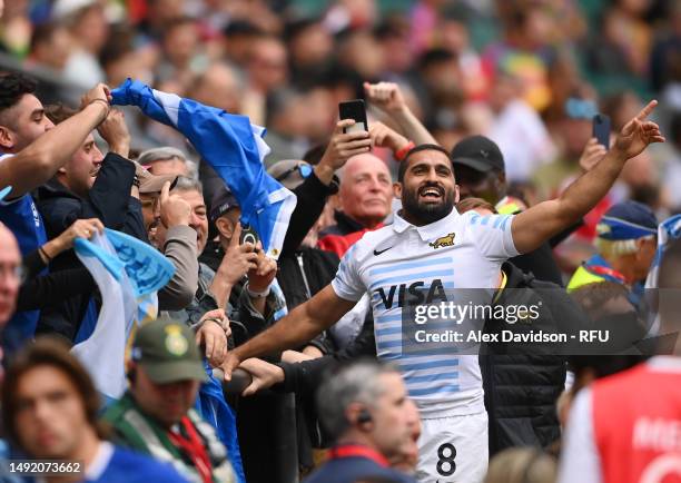 Gaston Revol of Argentina celebrates with fans after victory in the Cup Final between Argentina and Fiji the during Day Two of The HSBC London Sevens...