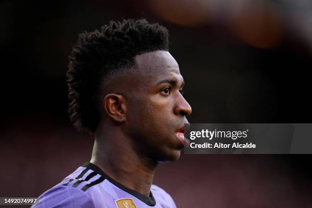 Vinicius Junior of Real Madrid reacts during the LaLiga Santander match between Valencia CF and Real Madrid CF at Estadio Mestalla on May 21, 2023 in...