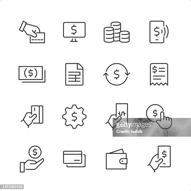 stockillustraties, clipart, cartoons en iconen met payments - pixel perfect line icon set, editable stroke weight. - tikken en betalen