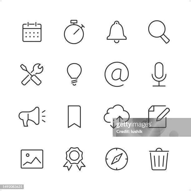 ilustraciones, imágenes clip art, dibujos animados e iconos de stock de interfaz de usuario: conjunto de iconos de línea de pixel perfect, peso de trazo editable. - campana