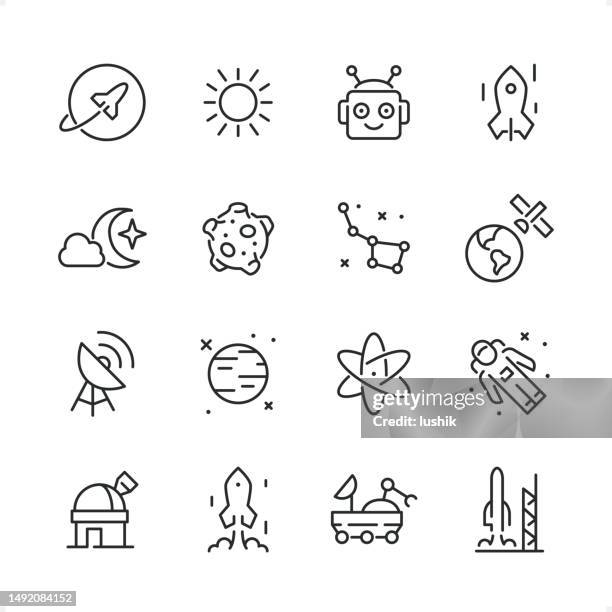space - pixel perfect line icon set, editable stroke weight. - mars planet icon stock illustrations