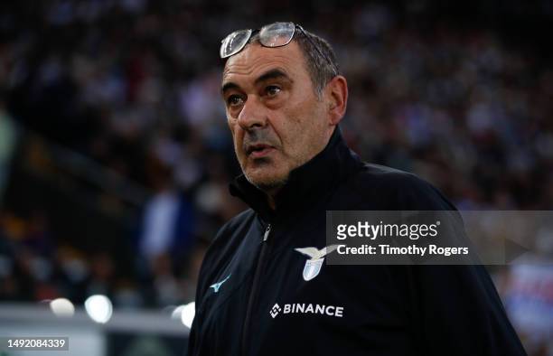 Manager of Lazio, Maurizio Sarri, before kick off at the Serie A match between Udinese Calcio and SS Lazio at Dacia Arena on May 21, 2023 in Udine,...