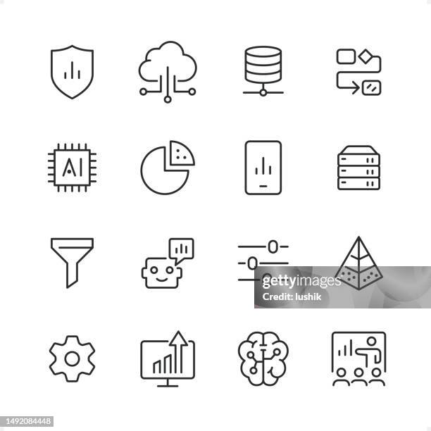 data analytics - pixel perfect line icon set, editable stroke weight. - data funnel infographic stock illustrations