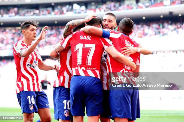 Saul Niguez of Atletico de Madrid celebrates scoring their second goal with teammates Nahuel Molina , Angel Correa and21 and Koke during the LaLiga...