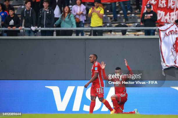 Oscar Cortes of Colombia celebrates after scoring the team's first goal during the FIFA U-20 World Cup Argentina 2023 Group C match between Israel...