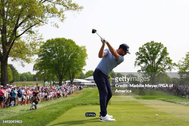Corey Conners of Canada plays his shot from the sixth tee during the final round of the 2023 PGA Championship at Oak Hill Country Club on May 21,...