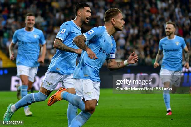 Ciro Immobile of SS Lazio celebrates an opening goal a penalty with his team mates during the Serie A match between Udinese Calcio and SS Lazio at...