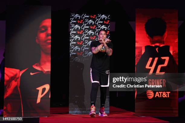 Brittney Griner of the Phoenix Mercury is introduced before the WNBA game against the Chicago Sky at Footprint Center on May 21, 2023 in Phoenix,...