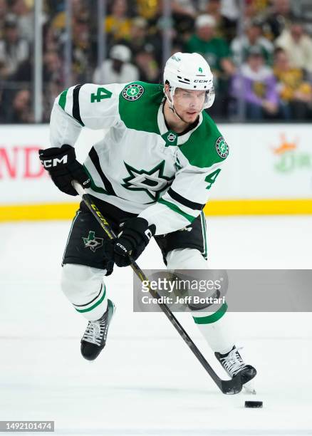 Miro Heiskanen of the Dallas Stars skates during the second period against the Vegas Golden Knights in Game Two of the Western Conference Final of...