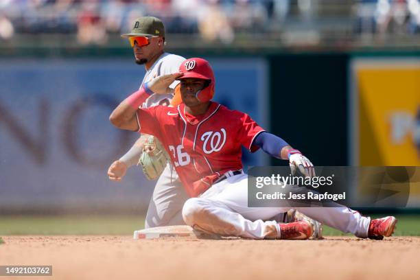 Stone Garrett of the Washington Nationals reacts after hitting a double against the Detroit Tigers during the sixth inning at Nationals Park on May...