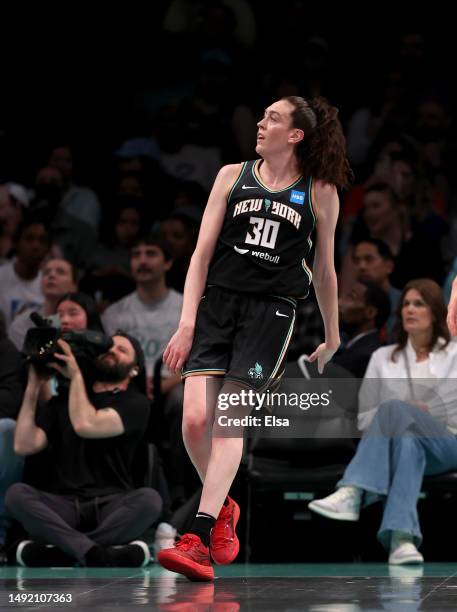 Breanna Stewart of the New York Liberty reacts to her three points shot in the first half against the Indiana Fever at Barclays Center on May 21,...