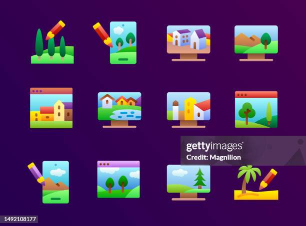 creating environment and locations in 3d flat gradient icons set - website creation stock illustrations
