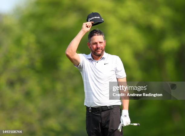 Michael Block of the United States, PGA of America Club Professional, reacts to his hole-in-one on the 15th tee during the final round of the 2023...