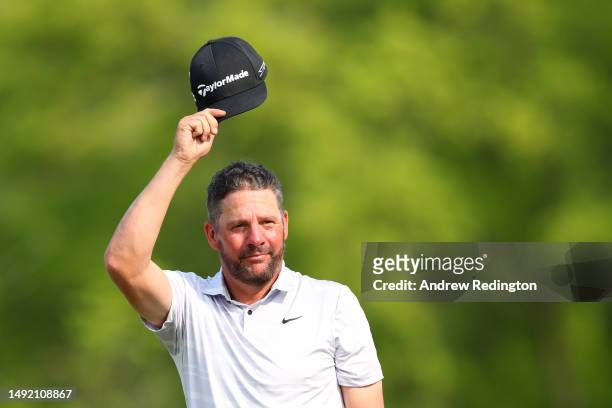 Michael Block of the United States, PGA of America Club Professional, reacts to his hole-in-one on the 15th tee during the final round of the 2023...