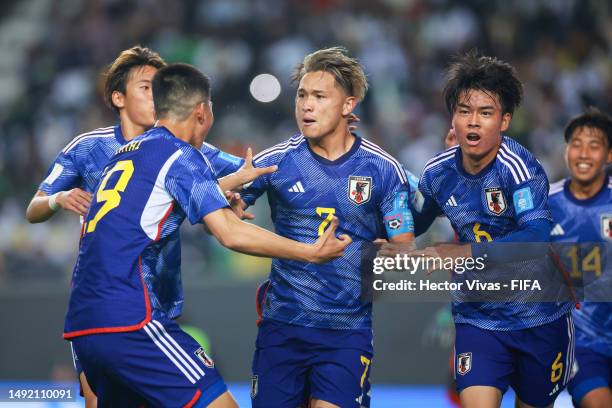 Kuryu Matsuki of Japan celebrates after scoring the team's first goal during the FIFA U-20 World Cup Argentina 2023 Group C match between Senegal and...