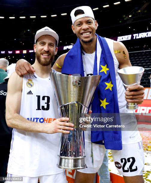 Sergio Rodriguez and Walter Tavares players of Real Madrid celebrate the victory at the end of Turkish Airlines EuroLeague Final Four Kaunas 2023...