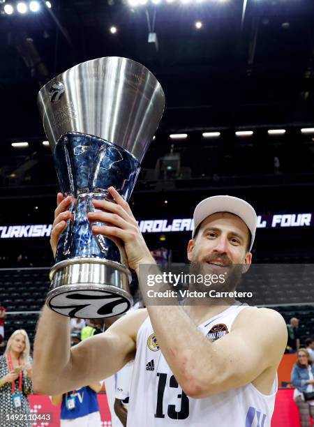 Sergio Rodriguez player of Real Madrid celebrates the victory at the end of Turkish Airlines EuroLeague Final Four Kaunas 2023 Championship game...