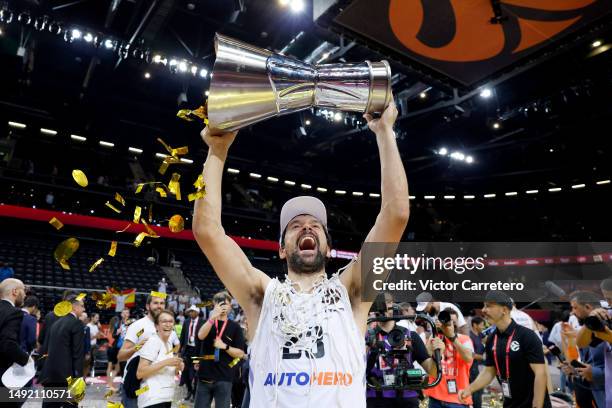 Sergio Llull player of Real Madrid celebrates the victory at the end of Turkish Airlines EuroLeague Final Four Kaunas 2023 Championship game between...