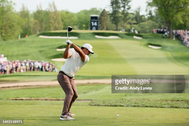 Brooks Koepka of the United States plays his shot from the 14th tee during the final round of the 2023 PGA Championship at Oak Hill Country Club on...