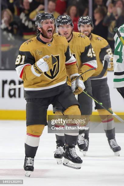 Jonathan Marchessault of the Vegas Golden Knights celebrates a goal against the Dallas Stars during the third period in Game Two of the Western...