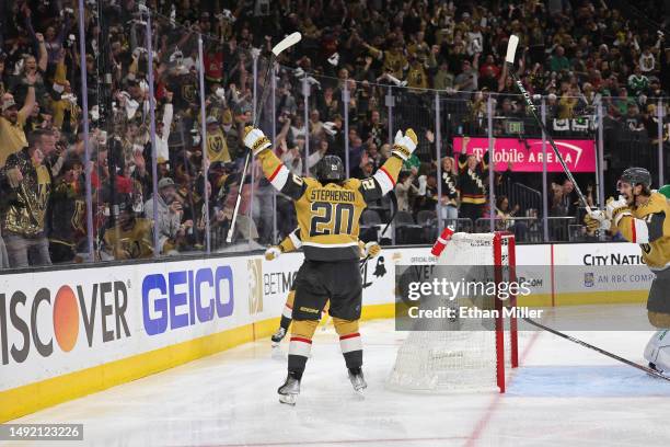 Chandler Stephenson of the Vegas Golden Knights celebrates his game-winning overtime goal against the Dallas Stars with teammates in Game Two of the...