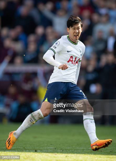 Heung-Min Son of Tottenham Hotspur during the Premier League match between Aston Villa and Tottenham Hotspur at Villa Park on May 13, 2023 in...