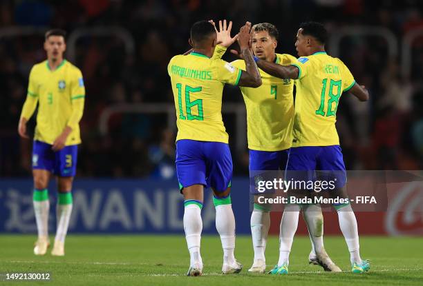 Marcos Leonardo of Brazil celebrates with teammate after scoring the team's first goal during FIFA U-20 World Cup Argentina 2023 Group D match...