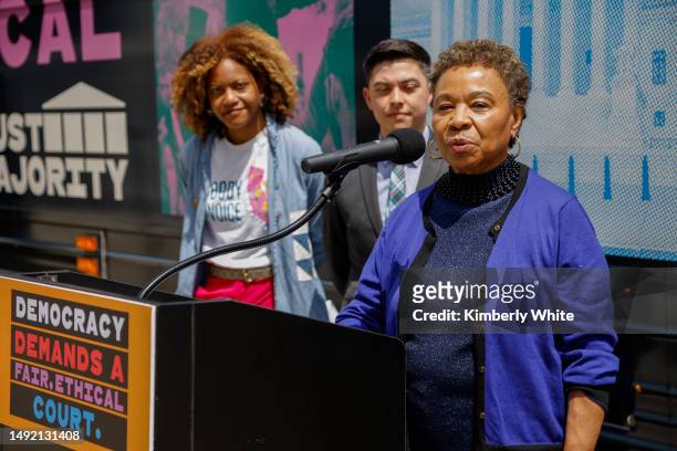 Congresswoman Barbara Lee of California speaks at a "Just Majority" nationwide bus tour press conference to call for reforms to the U.S. Supreme...