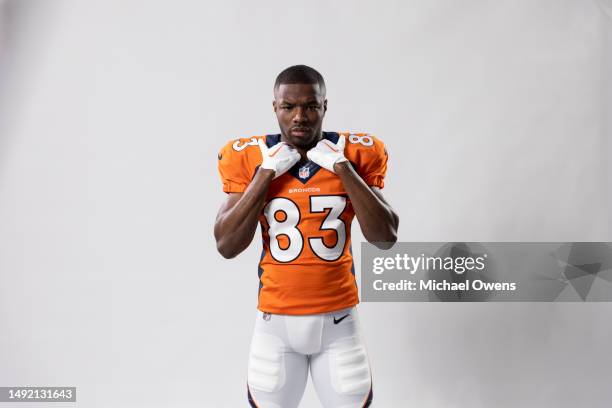 Marvin Mims of the Denver Broncos poses for a portrait during the NFLPA Rookie Premiere on May 20, 2023 in Los Angeles, California.