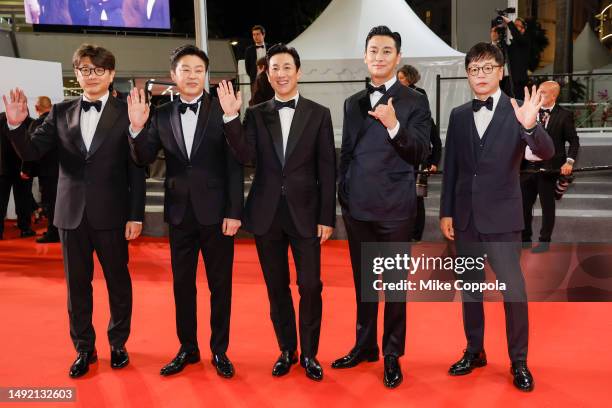 Director Kim Tae-Gon, Kim Hee-won, Lee Sun-Kyun, Ju Ji-Hoon and Kim Yong-hwa attend the "Project Silence" red carpet during the 76th annual Cannes...