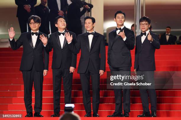 Director Kim Tae-Gon, Kim Hee-won, Lee Sun-Kyun, Ju Ji-Hoon and Kim Yong-hwa attend the "Project Silence" red carpet during the 76th annual Cannes...