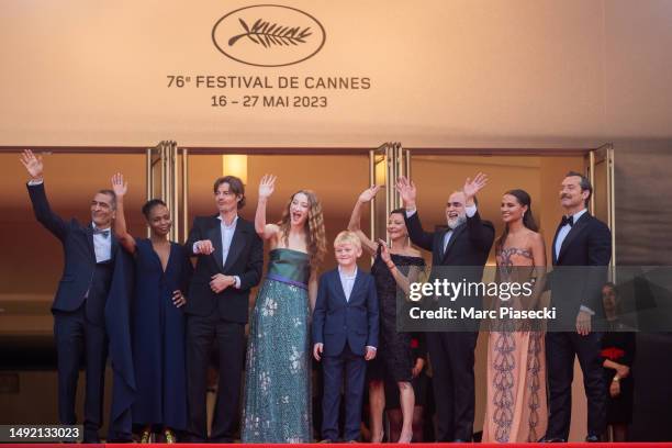 Amr Waked, guest, Sam Riley, Junia Rees, a guest, Gabrielle Tana, director Karim Ainouz, Alicia Vikander and Jude Law attend the "Firebrand " red...