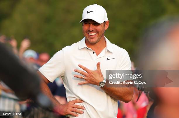 Brooks Koepka of the United States smiles during the trophy ceremony after winning the 2023 PGA Championship at Oak Hill Country Club on May 21, 2023...