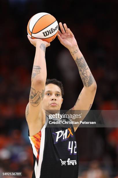 Brittney Griner of the Phoenix Mercury takes a free-throw shot during the second half of the WNBA game against the Chicago Sky at Footprint Center on...