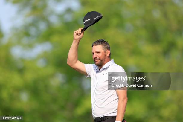 Michael Block of The United States celebrates his tee shot on the 15th hole where he made a hole-in-one during the final round of the 2023 PGA...