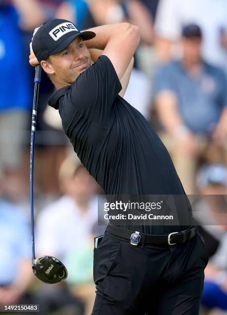 Victor Perez of France plays his tee shot on the 14th hole during the final round of the 2023 PGA Championship at Oak Hill Country Club on May 21,...
