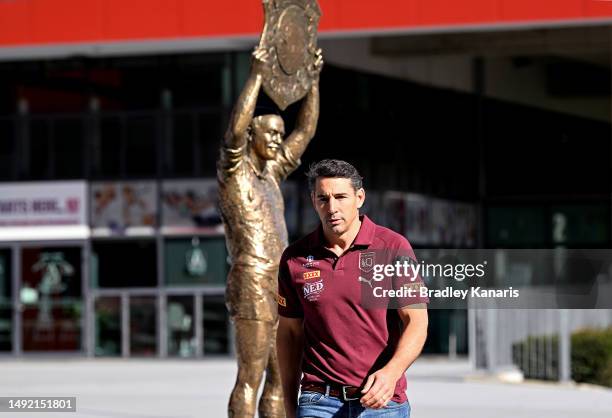 Queensland State of Origin Coach Billy Slater is seen walking past the Wally Lewis Statue as he arrives at a Queensland Maroons State of Origin Media...